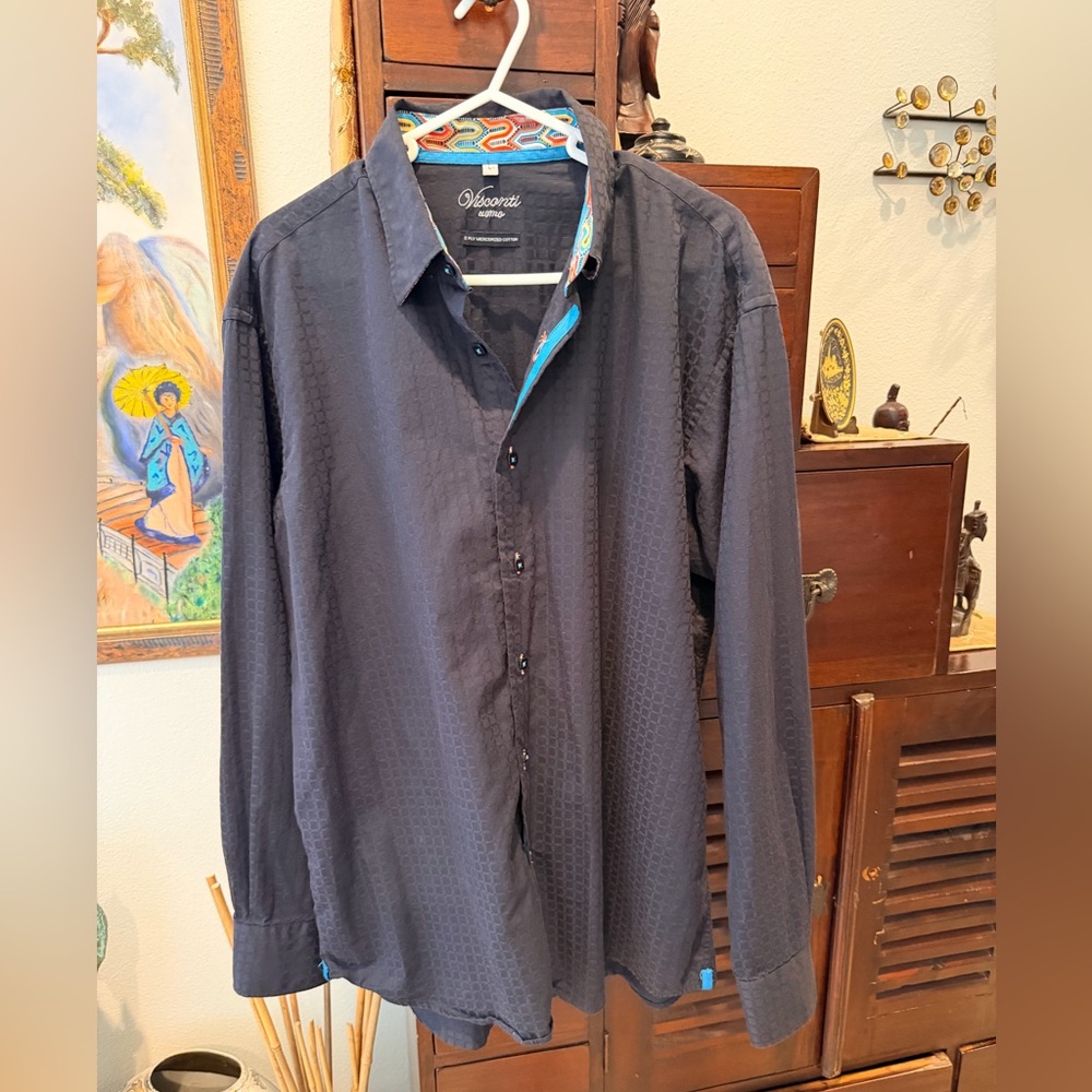 Visconti dress shirt. Imported.  Textured Black Men's Shirt with Blue Accents